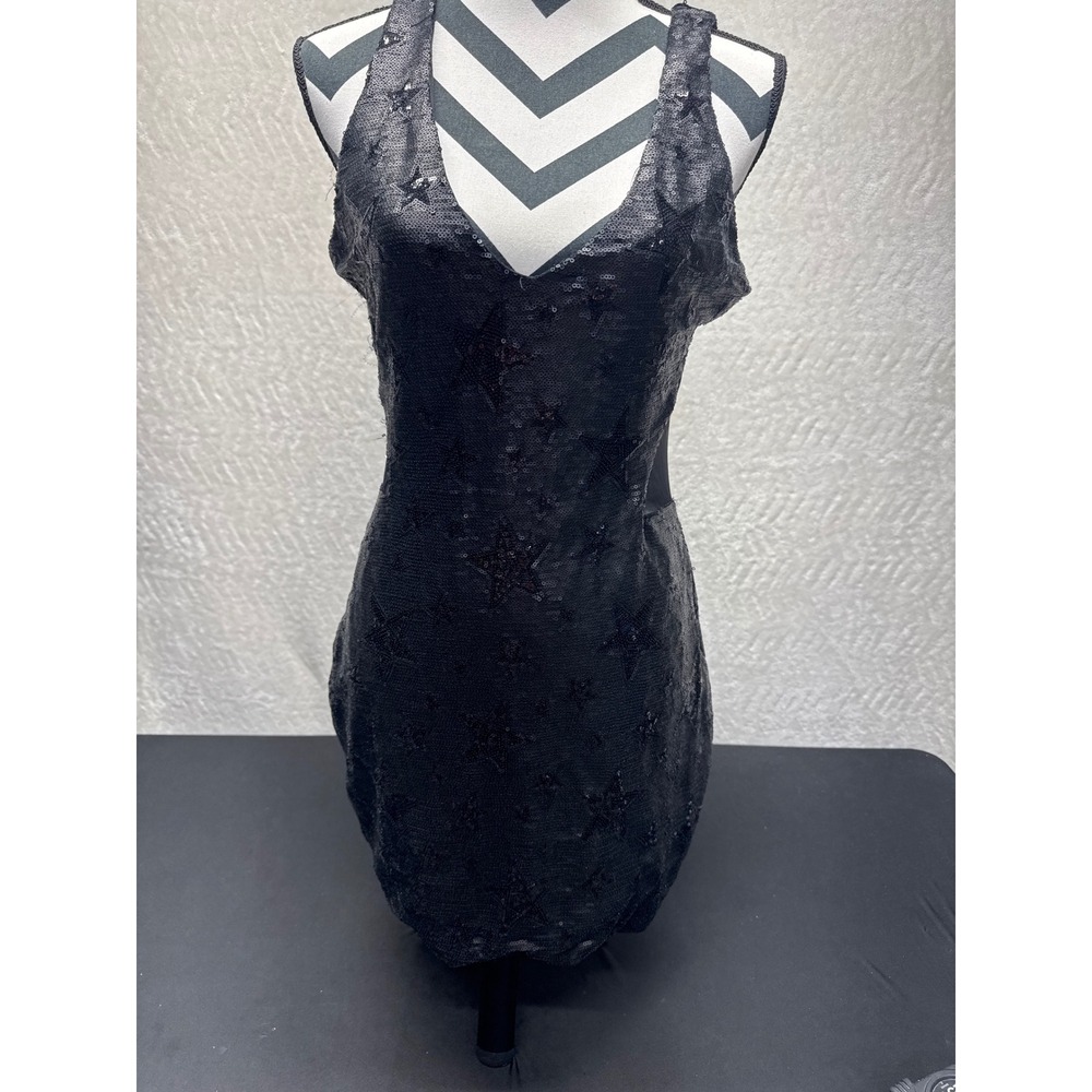 Arden B Womens Black Silver Sequin Star Mini Dress V-Neck Mesh Panels Size L